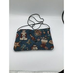 VTG Womens Christmas Tapestry Mini Shoulder Purse Blue Holiday Retro Snowman